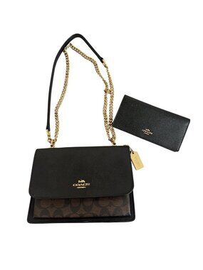 Coach Klare Coated Canvas Black Crossbody Bag Gold Chain Strap & Matching Wallet